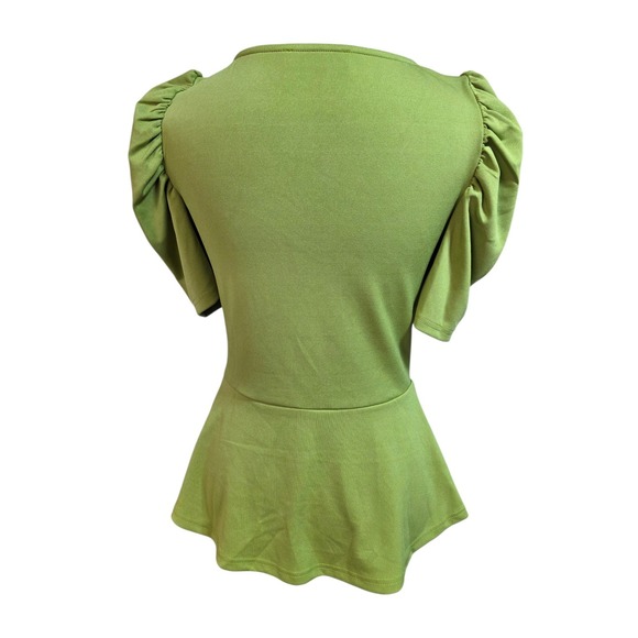 Grace Karin Chartreuse Ruched Puff Sleeve Peplum Blouse Size Small - Picture 4 of 10